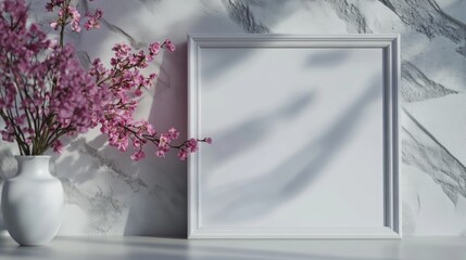 White picture frame mockup with a blank canvas beside delicate pink spring flowers in a vase, casting soft shadows against a textured wall.
