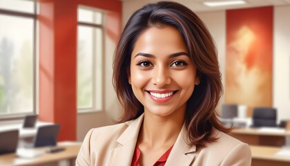 Indian woman with long dark hair and warm smile wearing beige blazer and red blouse indoors