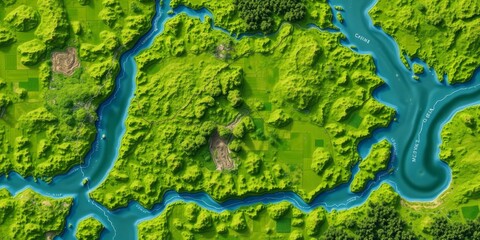A scenic map of a rural area with a winding river cutting through lush green fields and forests, cartography, area, green