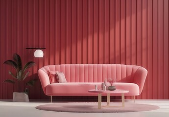 Minimalist living room interior with pink sofa, a coffee table, and a red wall