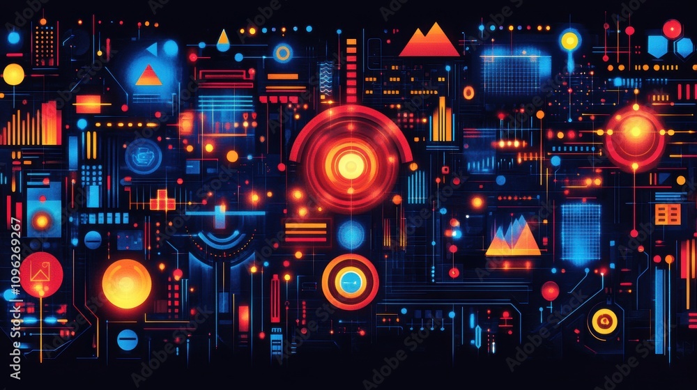 Poster digital innovation, bright tech symbols and abstract shapes on navy backdrop represent advancement a