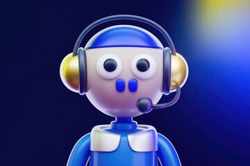 3D render of a cute cartoon robot wearing headphones and a blue shirt