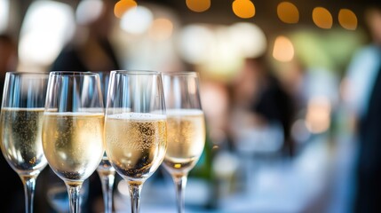 Champagne glasses filled with bubbly drinks at a festive gathering with a soft, blurred background and plenty of empty space for text or captions