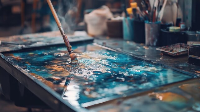 Epoxy resin artwork creation in a vibrant workshop with colorful, shimmering pieces being crafted on a studio table surrounded by artistic tools.