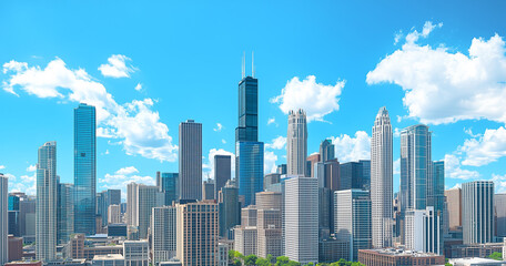 Obraz premium Modern Skyline with High-Rise Office Buildings under Blue Sky