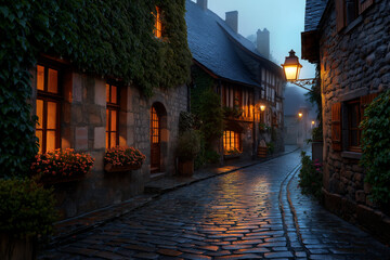 Fototapeta premium Cozy European Cobblestone Street with Ivy-Covered Stone Houses and Warmly Lit Windows at Twilight.