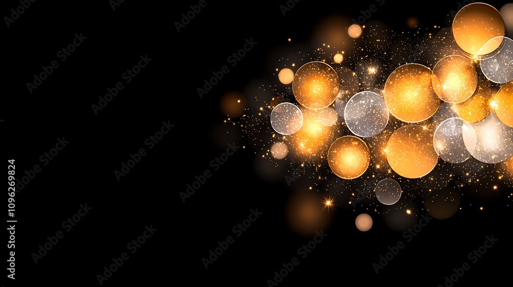 Poster abstract background of shimmering circles with golden and silver glow in a dark setting for elegant 