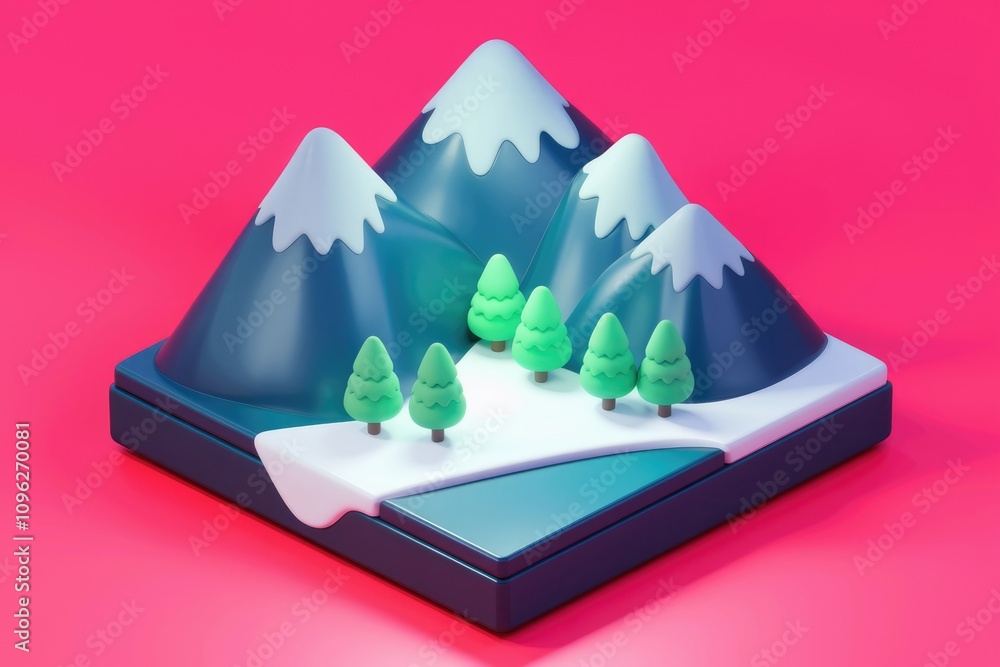 Poster cartoonish 3d rendering of snow capped mountains and evergreen trees on a pink background