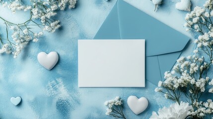 Father's Day card mockup with a blank white card and blue envelope surrounded by decorative hearts and delicate flowers on a soft blue background