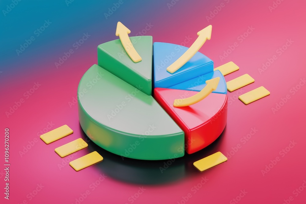 Aufkleber 3D render of a colorful pie chart with upward pointing arrows  illustrating growth and progress