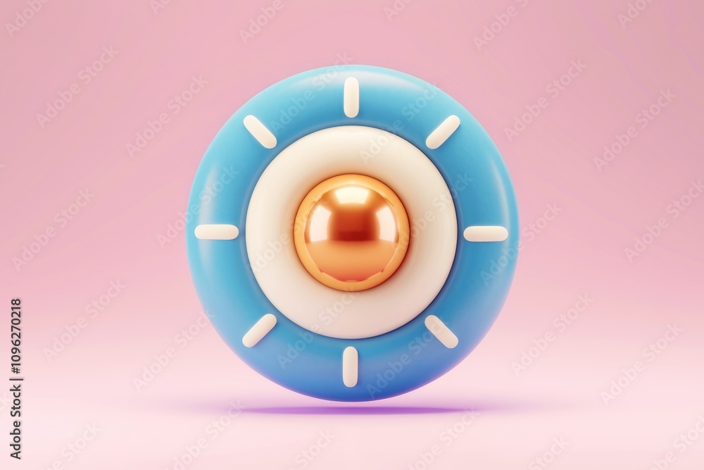 Poster A 3D rendering of a stylized circular button with concentric rings and a gold sphere at its center