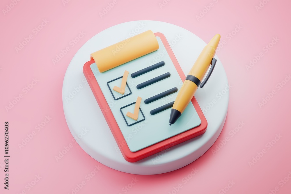 Poster 3D rendering of a checklist with two completed items and a pen  signifying task completion