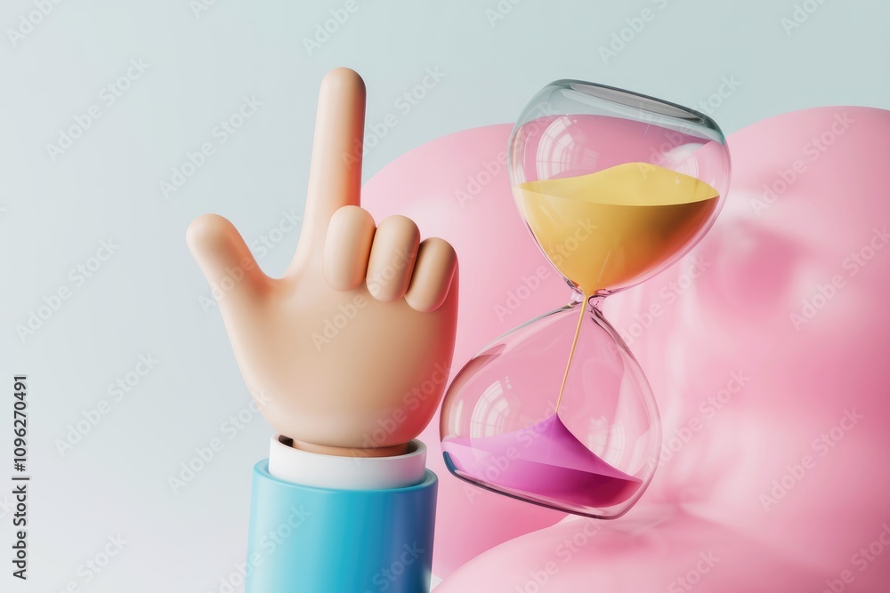 Poster cartoon hand points to an hourglass symbolizing time management and urgency
