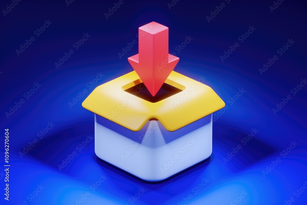 Poster 3d render of a red download arrow entering a yellow and white box