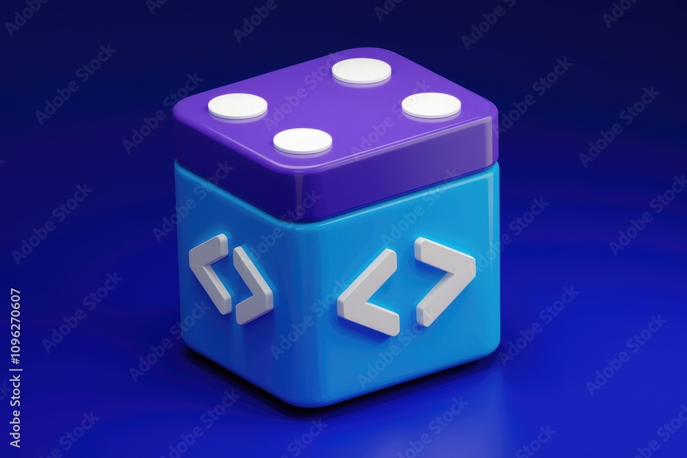 Poster 3D blue cube with code and white dots symbolizing programming and randomness