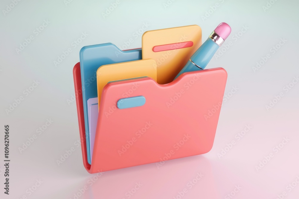Fototapete A 3D render of a colorful folder with documents and a pen  symbolizing organization and productivity