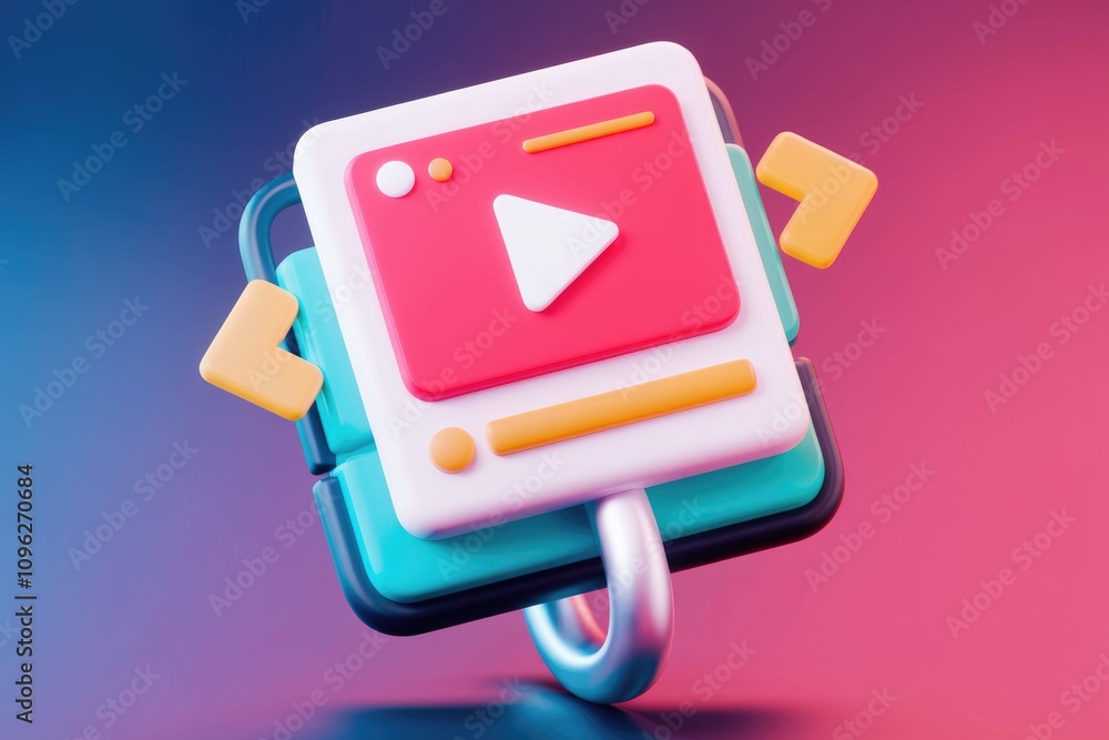 Poster 3D render of a colorful video player icon with arrows  representing streaming and multimedia