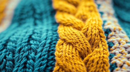 Vibrant yellow and teal knitted fabric with intricate cable patterns, showcasing the rich texture and warmth of handcrafted woolen garments in close-up detail.