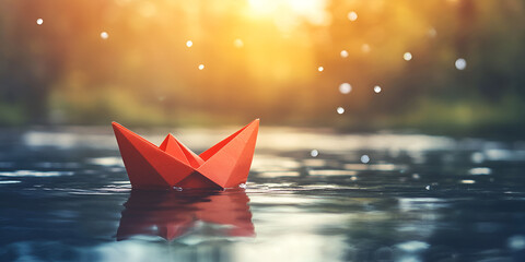 Paper Boat Floating on Calm Lake in Misty Landscape