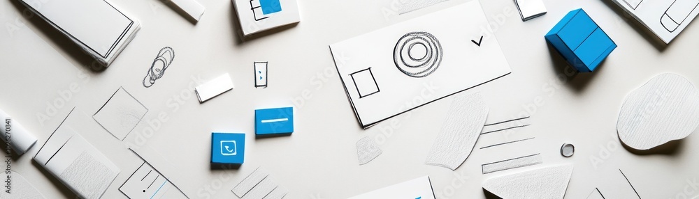Poster a collection of design mockups and elements arranged artistically on a surface.