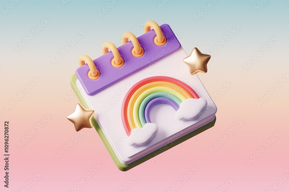 Poster a 3d rendered image of a cute calendar with a rainbow and stars