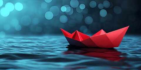 Fototapeta premium Paper Boat Floating on Calm Lake in Misty Landscape