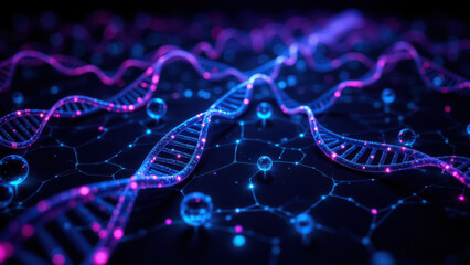 Obraz premium Scientific image featuring unique molecular identifiers (UMIs) represented as colorful DNA sequences with a molecular network backdrop.