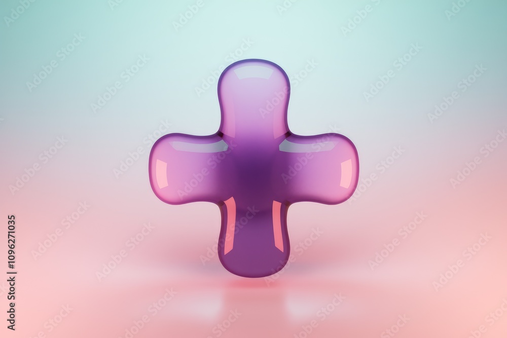 Poster 3d glossy purple plus symbol on gradient background.