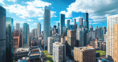 Fototapeta premium Modern Skyline with High-Rise Office Buildings under Blue Sky