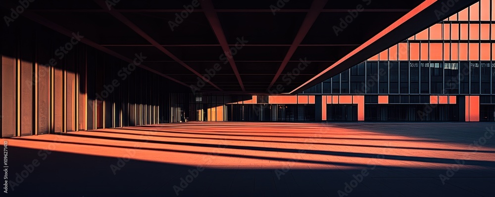 Poster a modern architectural space with dramatic lighting and shadows creating a striking visual effect.