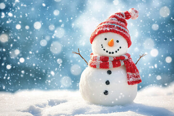 Fototapeta premium Christmas background. cute snowman and pine tree branch in snow. New Year and Christmas holidays. festive winter season. copy space. template for design 