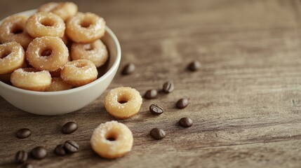 Mini glazed donuts arranged in a bowl beside coffee beans on a rustic wooden surface, perfect for a party food setting with room for text.