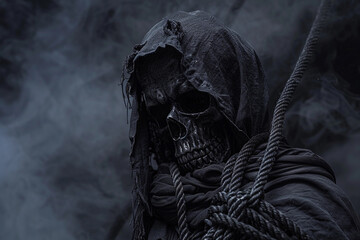 Scary grim reaper with sharp scythe in hell with dramatic background