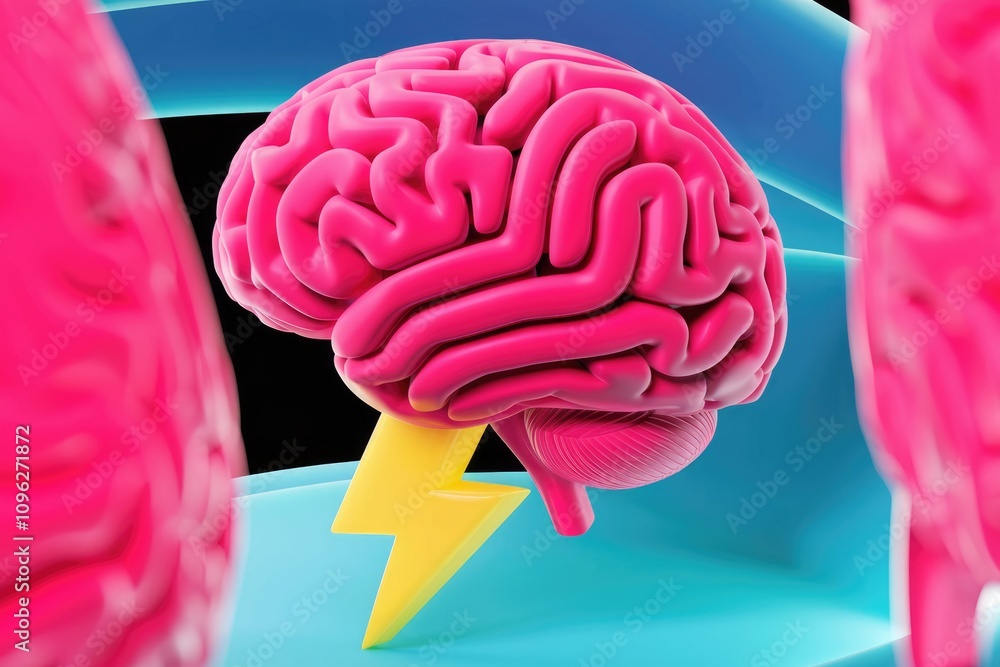 Poster pink brain with lightning bolt representing creativity intelligence and brainpower