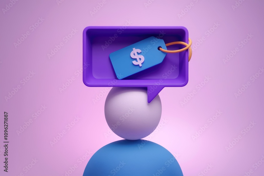Poster 3D render of a price tag in a speech bubble above a character  symbolizing cost considerations
