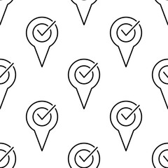Seamless pattern, location pin and check mark. GPS navigator pointer. Geolocation map mark, point location.