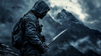 Stealthy warrior holding a blade with a dramatic mountain backdrop
