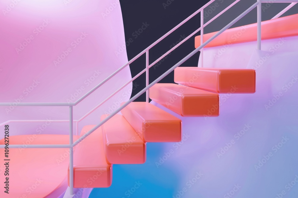 Poster abstract 3d rendering of pastel pink and orange staircase with white railing