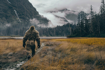 Obraz premium Huge fantasy hairy yeti character in outdoor nature background