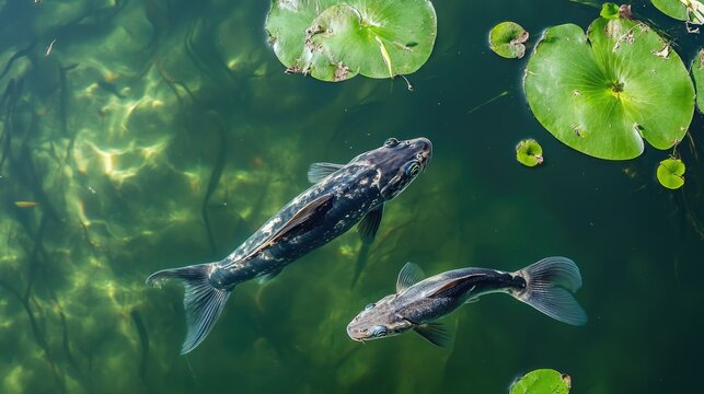 Mother snakehead murrel fish and her young swim near the water's surface, breathing air amidst vibrant green lily pads in a serene overhead view.