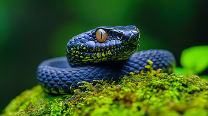 Obraz premium Black venomous snake coiled on lush green moss in natural jungle habitat