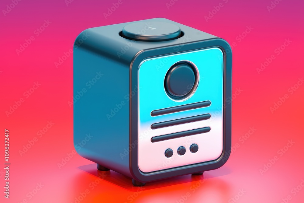 Poster a retro styled cube shaped radio with a teal face rendered in 3d