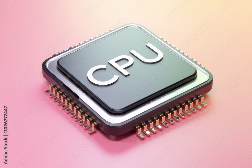 Poster a 3d rendering of a cpu chip with gold pins on a pink background