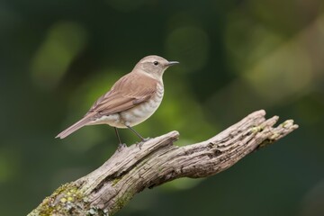 Obraz premium A small light brown bird perches on a weathered branch against a blurred transparent background