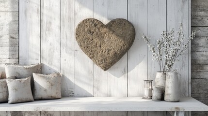 Stone heart art piece on a rustic white wooden wall, complemented by delicate flowers in vases and soft cushions, creating a serene minimalist atmosphere.