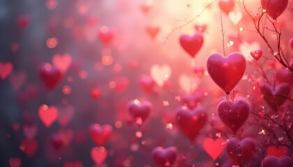 A Romantic Valentine's Day Scene:  Red Hearts Adorn a Magical Winter Wonderland with a Dreamy, Soft Glow, creating a tender and loving atmosphere.