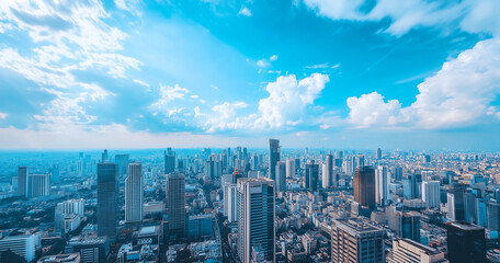 Fototapeta premium Modern Skyline with High-Rise Office Buildings under Blue Sky
