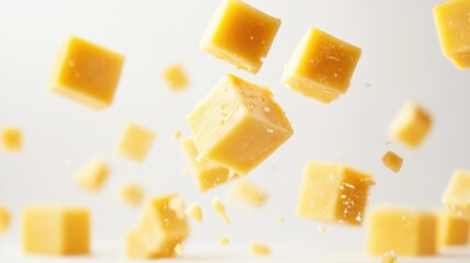 Floating golden cheese cubes in mid-air, scattered against a clean white backdrop, showcasing their delectable texture and appealing color.