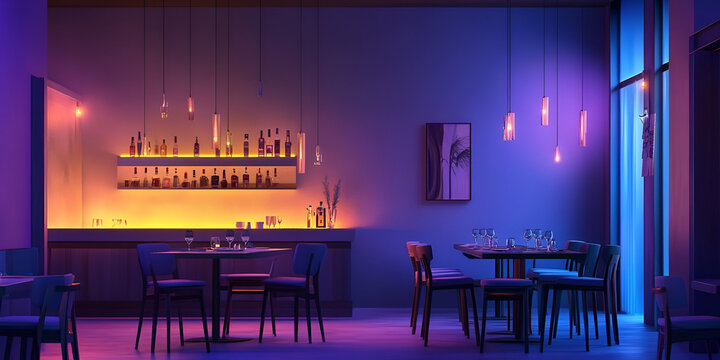 Modern Neon-Lit Bar Interior with Tables and Counter