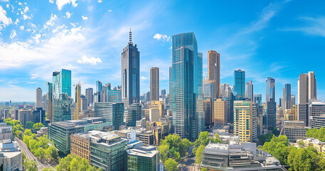 Obraz premium Modern Skyline with High-Rise Office Buildings under Blue Sky